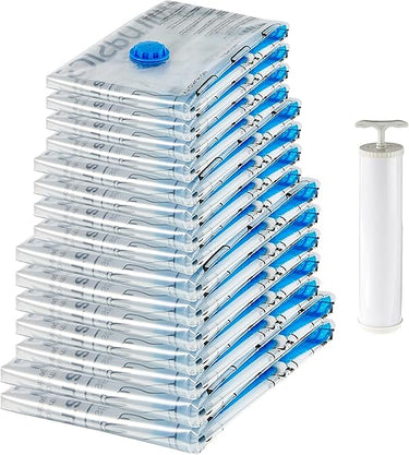 Amazon Basics bolsas de vacío para almacenamiento, con cremallera, incluyen boca para aspirador, 15 Unidad, 2 extragrandes, 5 grandes, 4 medianas y 4 pequeñas, Blanco